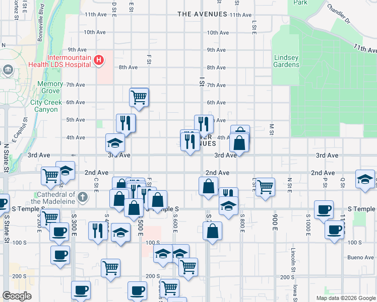 map of restaurants, bars, coffee shops, grocery stores, and more near 553 3rd Avenue in Salt Lake City