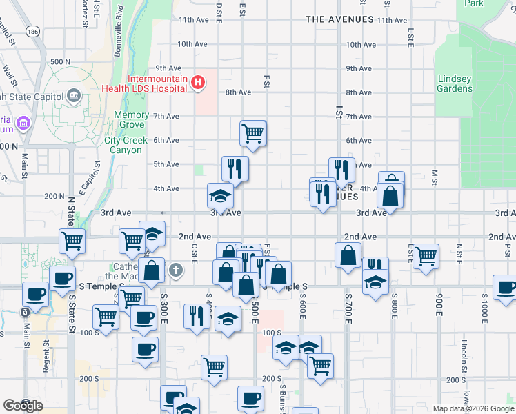 map of restaurants, bars, coffee shops, grocery stores, and more near 453 3rd Avenue in Salt Lake City