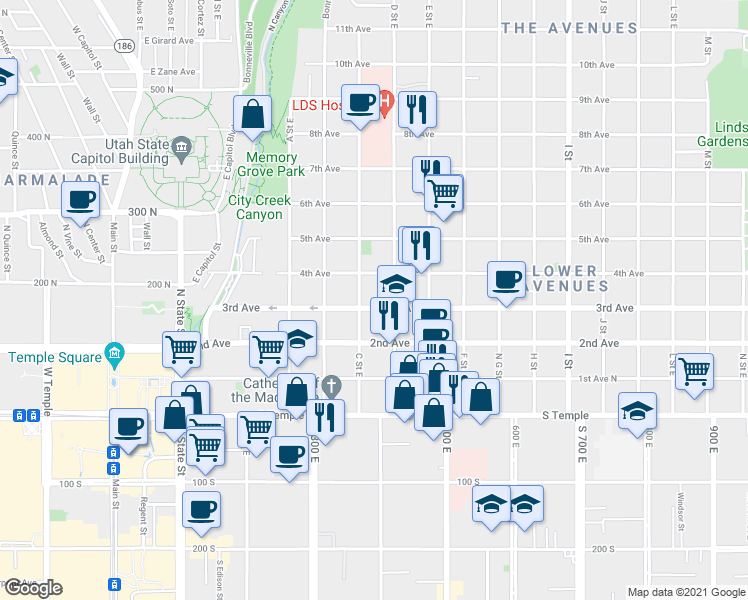 map of restaurants, bars, coffee shops, grocery stores, and more near in Salt Lake City