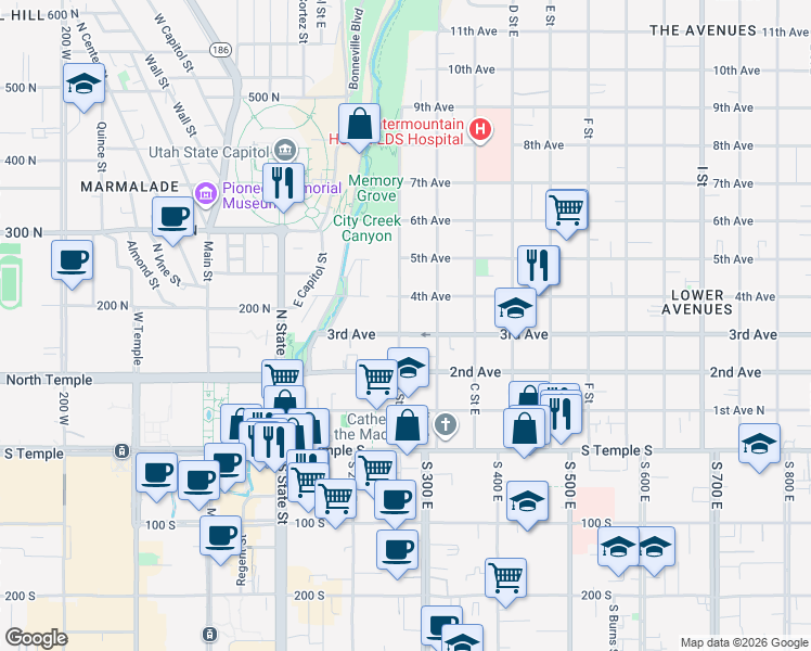 map of restaurants, bars, coffee shops, grocery stores, and more near 207 3rd Avenue in Salt Lake City