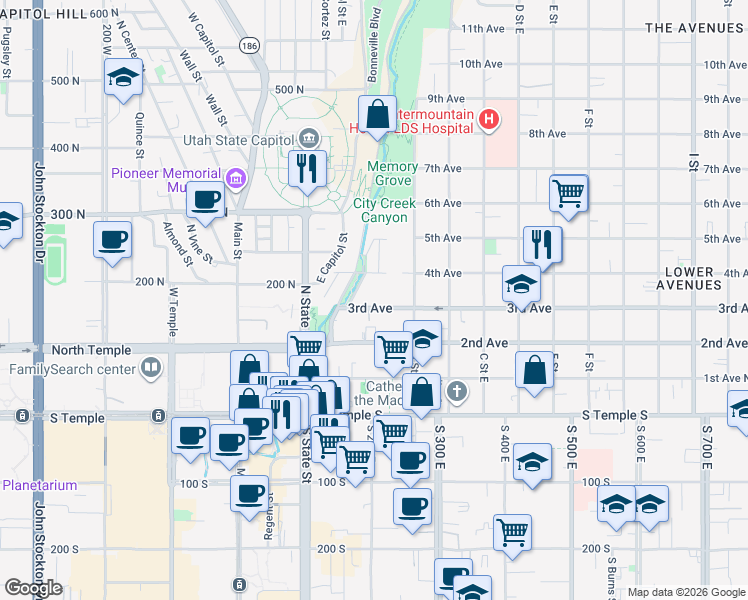 map of restaurants, bars, coffee shops, grocery stores, and more near 171 East 3rd Avenue in Salt Lake City