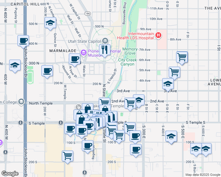 map of restaurants, bars, coffee shops, grocery stores, and more near 158 State Street in Salt Lake City