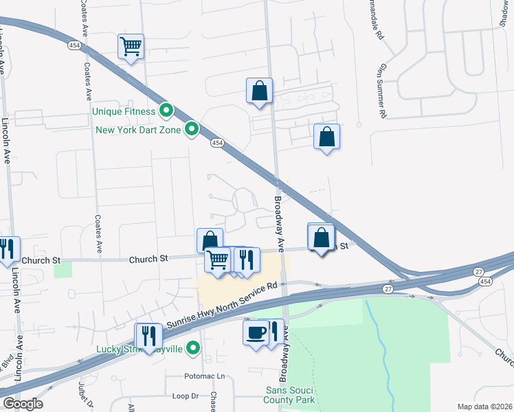 map of restaurants, bars, coffee shops, grocery stores, and more near 640 Broadway Avenue in Holbrook