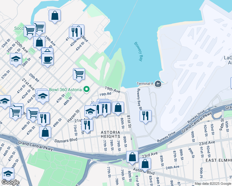 map of restaurants, bars, coffee shops, grocery stores, and more near 79-18 19th Avenue in Queens