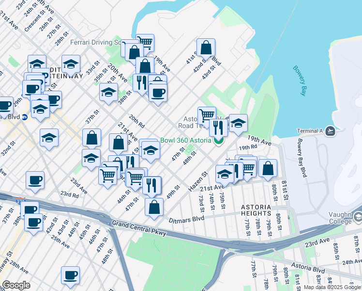 map of restaurants, bars, coffee shops, grocery stores, and more near in Queens