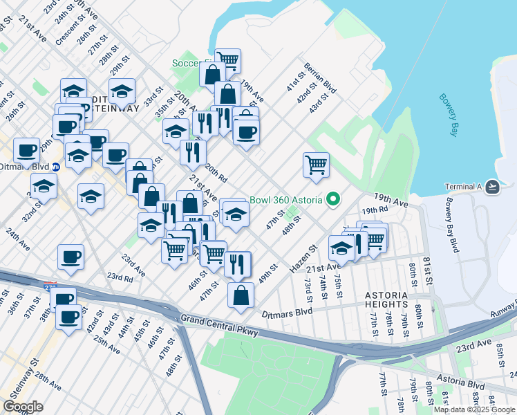 map of restaurants, bars, coffee shops, grocery stores, and more near 20-37 46th Street in Queens