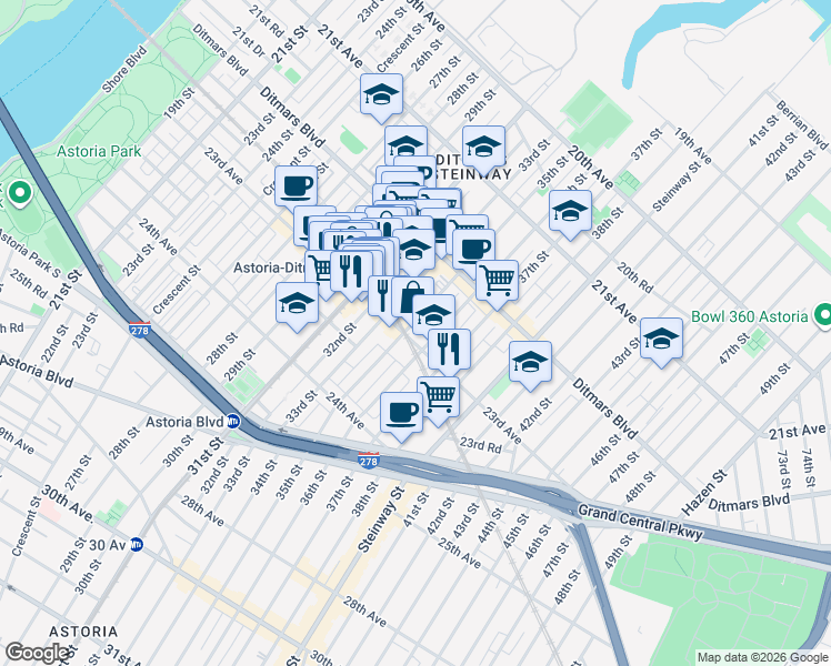 map of restaurants, bars, coffee shops, grocery stores, and more near 35-01 23rd Avenue in Queens