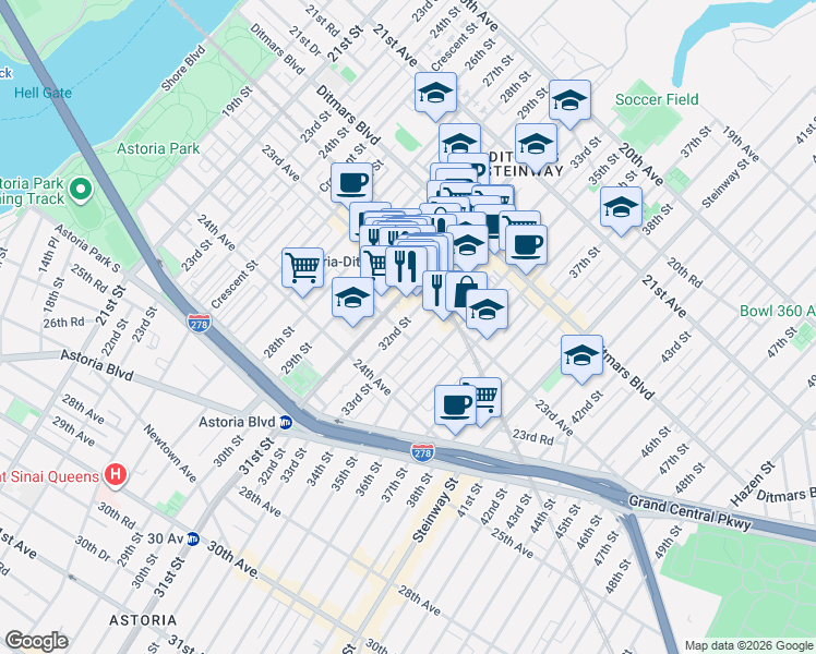 map of restaurants, bars, coffee shops, grocery stores, and more near 23-26 33rd Street in Queens