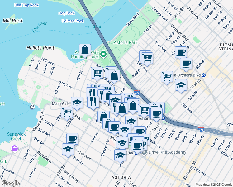 map of restaurants, bars, coffee shops, grocery stores, and more near 25-52 22nd Street in Queens
