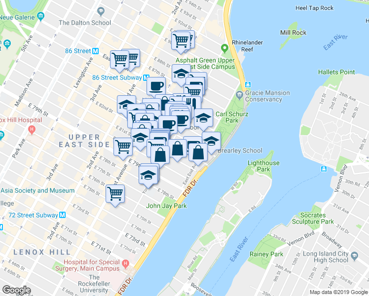 map of restaurants, bars, coffee shops, grocery stores, and more near 506 East 82nd Street in New York