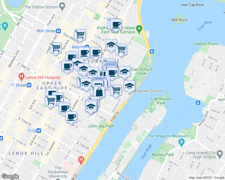 map of restaurants, bars, coffee shops, grocery stores, and more near 506 East 82nd Street in New York