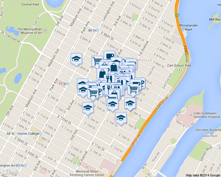 map of restaurants, bars, coffee shops, grocery stores, and more near 1518 First Avenue in New York