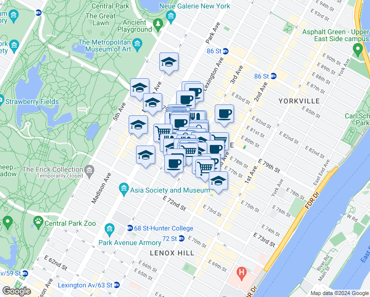 map of restaurants, bars, coffee shops, grocery stores, and more near in New York
