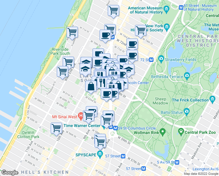 map of restaurants, bars, coffee shops, grocery stores, and more near 20 West 65th Street in New York
