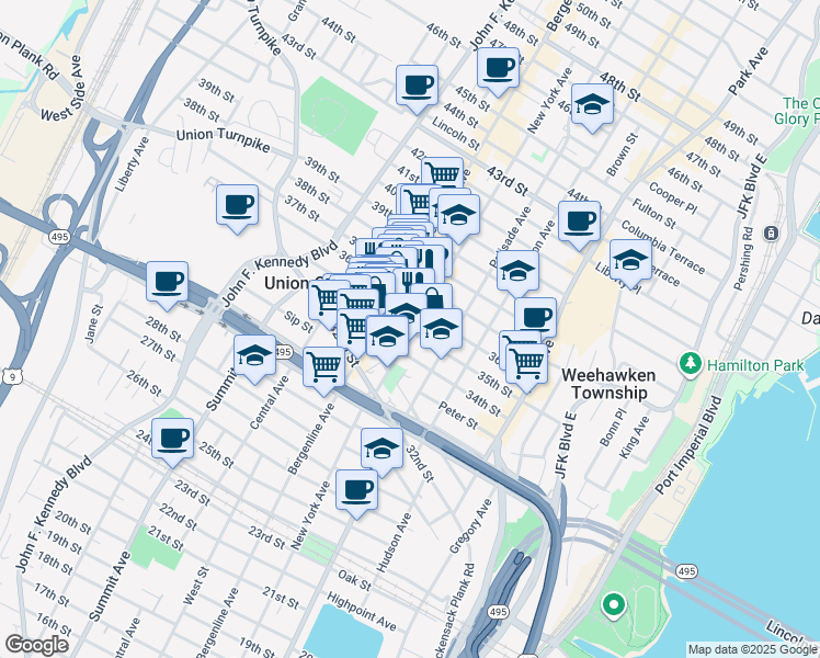 map of restaurants, bars, coffee shops, grocery stores, and more near in Union City