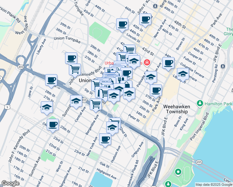 map of restaurants, bars, coffee shops, grocery stores, and more near 420 34th Street in Union City