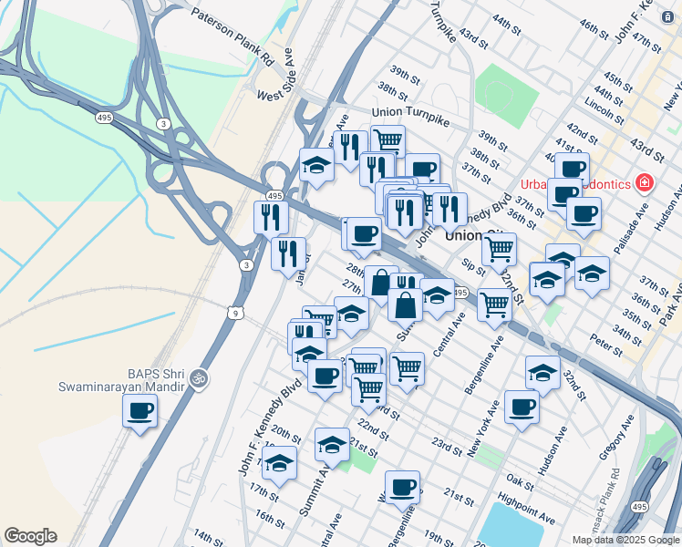 map of restaurants, bars, coffee shops, grocery stores, and more near 1217 28th Street in North Bergen