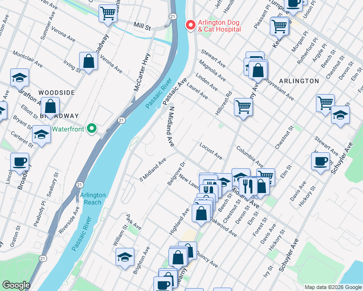 map of restaurants, bars, coffee shops, grocery stores, and more near 639 Belgrove Drive in Kearny