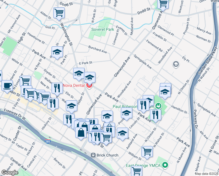 map of restaurants, bars, coffee shops, grocery stores, and more near 98 Glenwood Avenue in East Orange