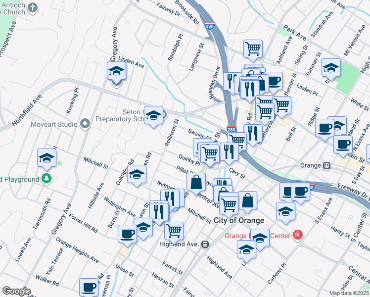 map of restaurants, bars, coffee shops, grocery stores, and more near 86 Riggs Place in West Orange