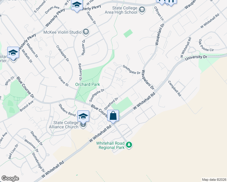 map of restaurants, bars, coffee shops, grocery stores, and more near 918 Southgate Drive in State College