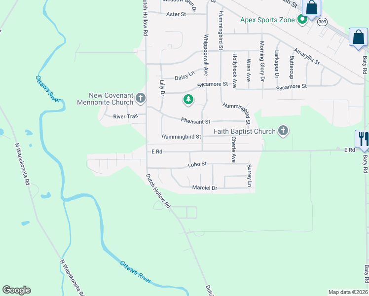 map of restaurants, bars, coffee shops, grocery stores, and more near 5092 East Road in Elida