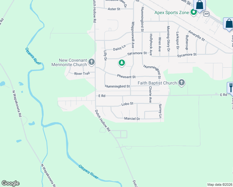 map of restaurants, bars, coffee shops, grocery stores, and more near 5110 E Rd in Elida