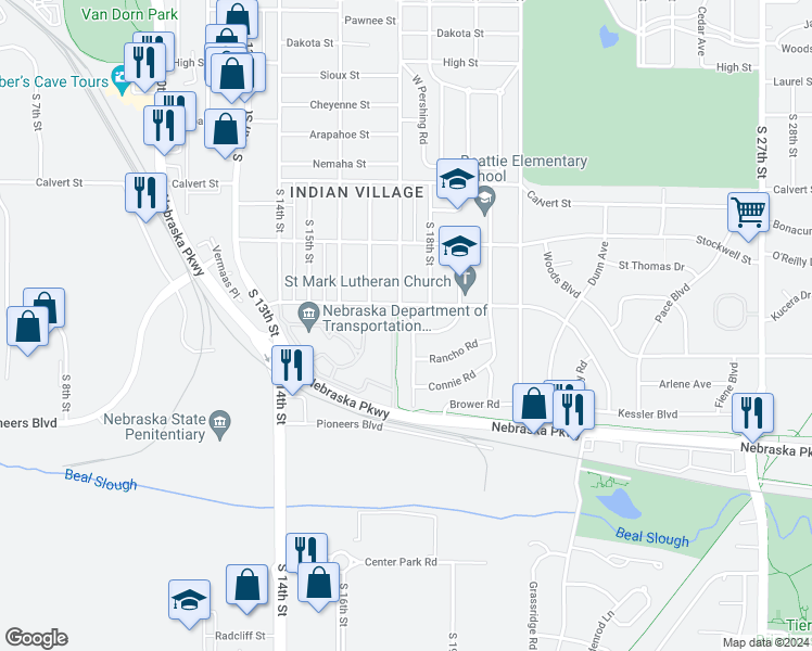 map of restaurants, bars, coffee shops, grocery stores, and more near 1700 Sunny Hill Road in Lincoln