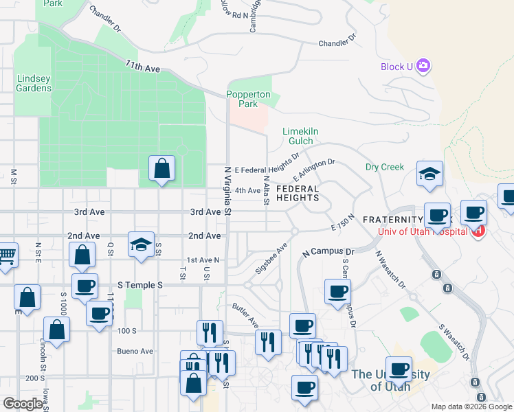 map of restaurants, bars, coffee shops, grocery stores, and more near 1307 3rd Avenue in Salt Lake City