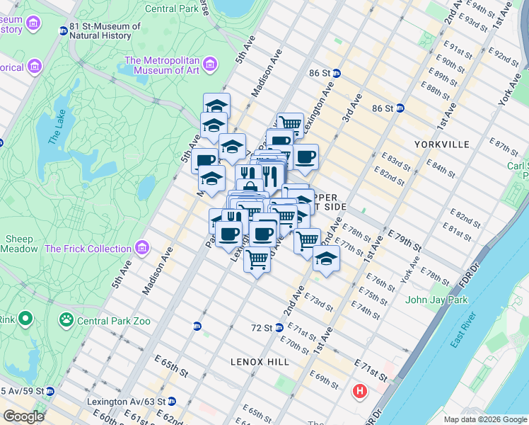 map of restaurants, bars, coffee shops, grocery stores, and more near 145 East 76th Street in New York