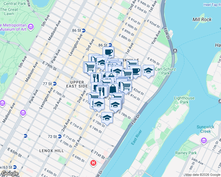 map of restaurants, bars, coffee shops, grocery stores, and more near 401 East 80th Street in New York