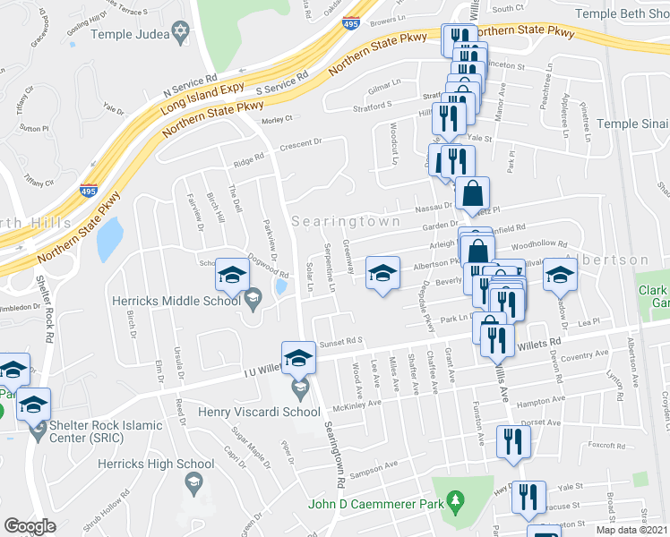 map of restaurants, bars, coffee shops, grocery stores, and more near 102 Serpentine Lane in Albertson
