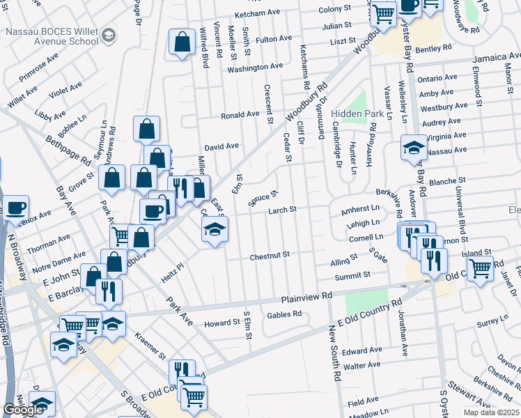 map of restaurants, bars, coffee shops, grocery stores, and more near 11 Larch Street in Hicksville