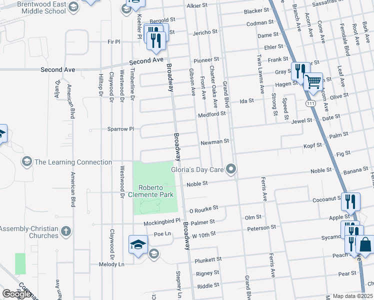 map of restaurants, bars, coffee shops, grocery stores, and more near 232 Newman Street in Brentwood