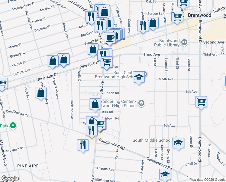 map of restaurants, bars, coffee shops, grocery stores, and more near 39 Dalton Road in Bay Shore