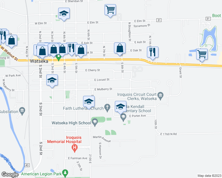 map of restaurants, bars, coffee shops, grocery stores, and more near 537 East Mulberry Street in Watseka