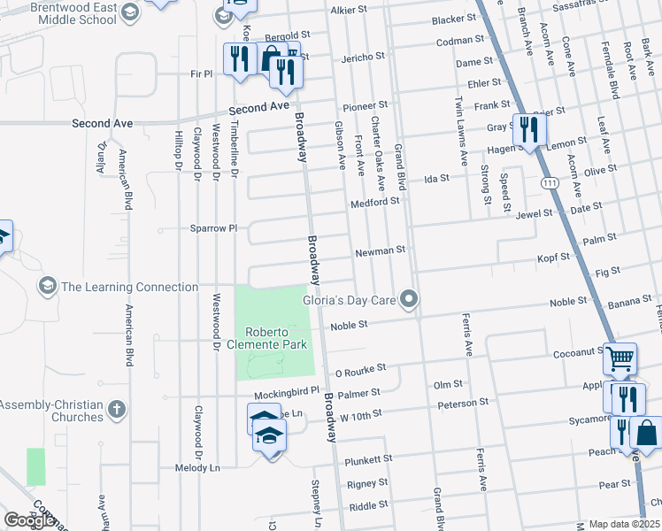 map of restaurants, bars, coffee shops, grocery stores, and more near 232 Newman Street in Brentwood