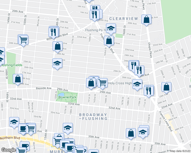 map of restaurants, bars, coffee shops, grocery stores, and more near 160-54 26th Avenue in Queens