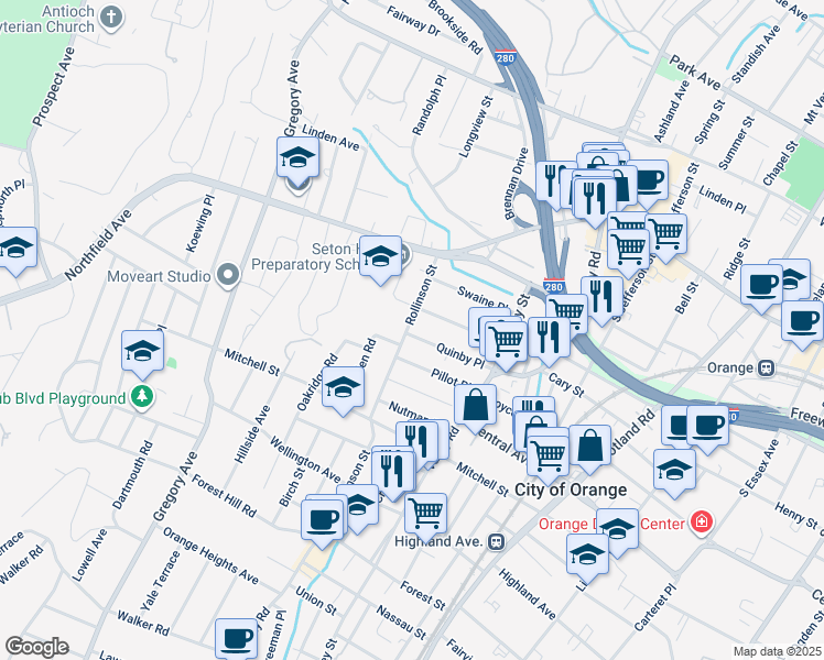 map of restaurants, bars, coffee shops, grocery stores, and more near 63 Quinby Place in West Orange