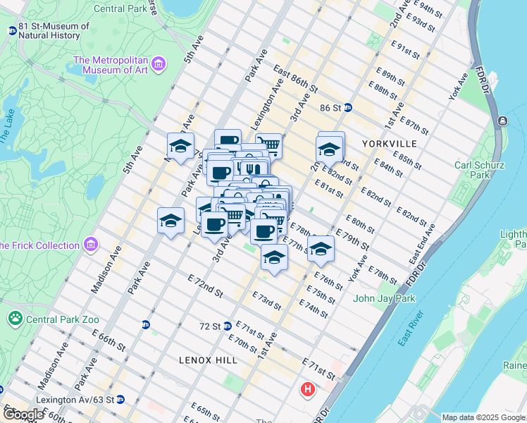 map of restaurants, bars, coffee shops, grocery stores, and more near 230 East 78th Street in New York