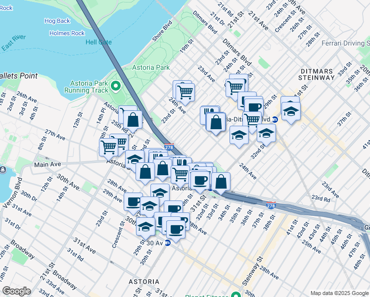 map of restaurants, bars, coffee shops, grocery stores, and more near 24-63 26th Street in Queens