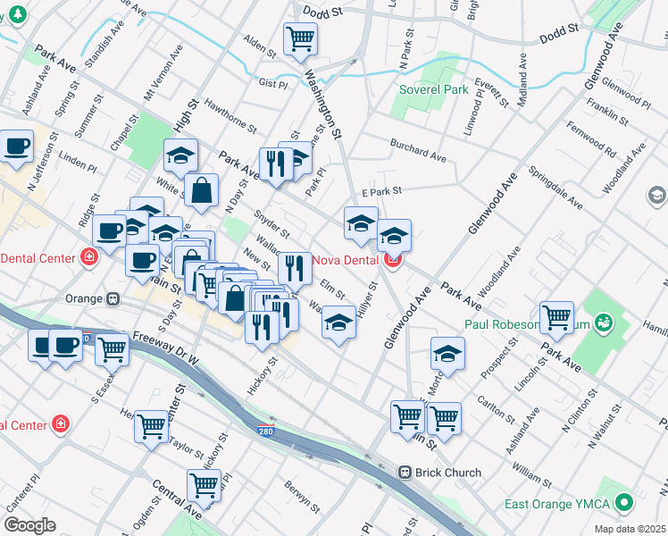 map of restaurants, bars, coffee shops, grocery stores, and more near 149 Elm Street in City of Orange