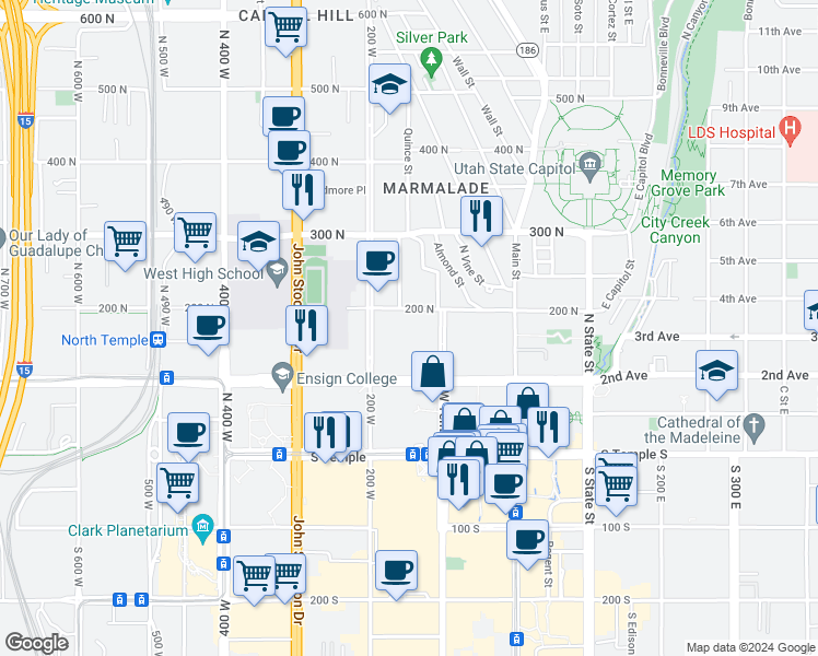 map of restaurants, bars, coffee shops, grocery stores, and more near 145 West 200 North in Salt Lake City