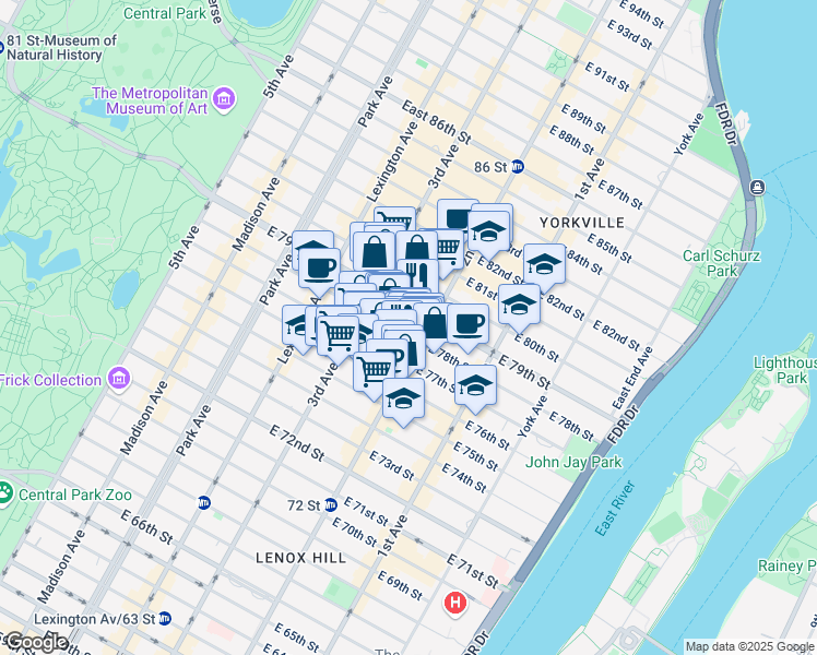 map of restaurants, bars, coffee shops, grocery stores, and more near 255 East 78th Street in New York