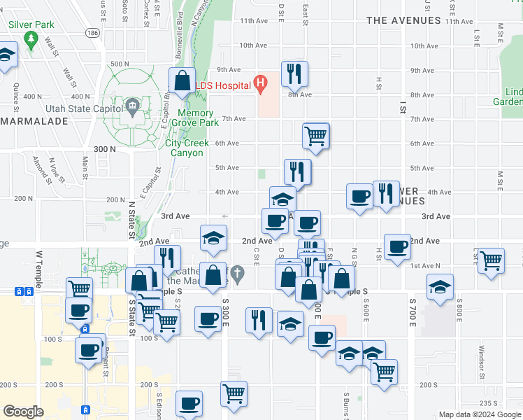 map of restaurants, bars, coffee shops, grocery stores, and more near 305 East 3rd Avenue in Salt Lake City