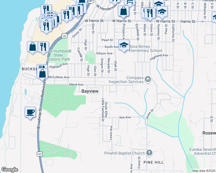 map of restaurants, bars, coffee shops, grocery stores, and more near in Bayview