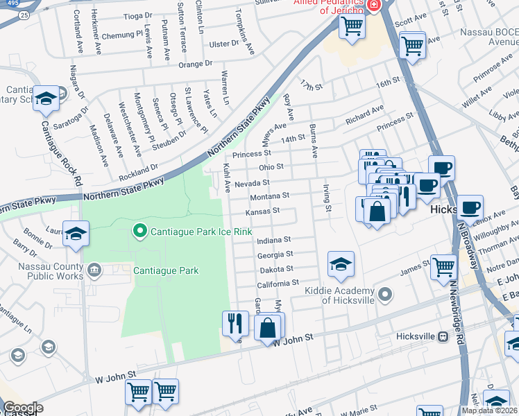 map of restaurants, bars, coffee shops, grocery stores, and more near 33 Kansas Street in Hicksville