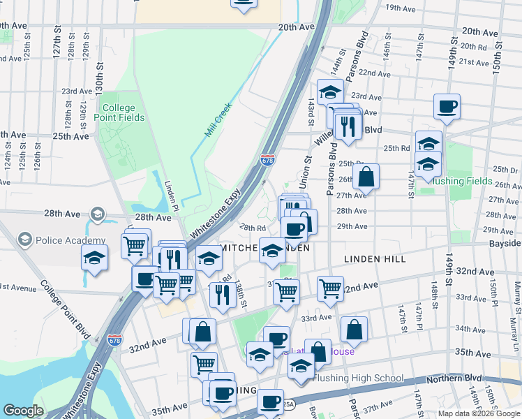 map of restaurants, bars, coffee shops, grocery stores, and more near 28-09 141st Street in Queens