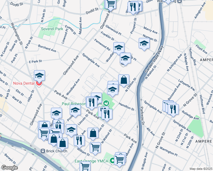 map of restaurants, bars, coffee shops, grocery stores, and more near 263 Lincoln Street in East Orange
