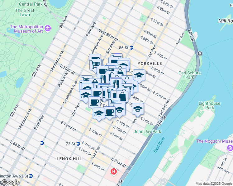 map of restaurants, bars, coffee shops, grocery stores, and more near 321 East 79th Street in New York